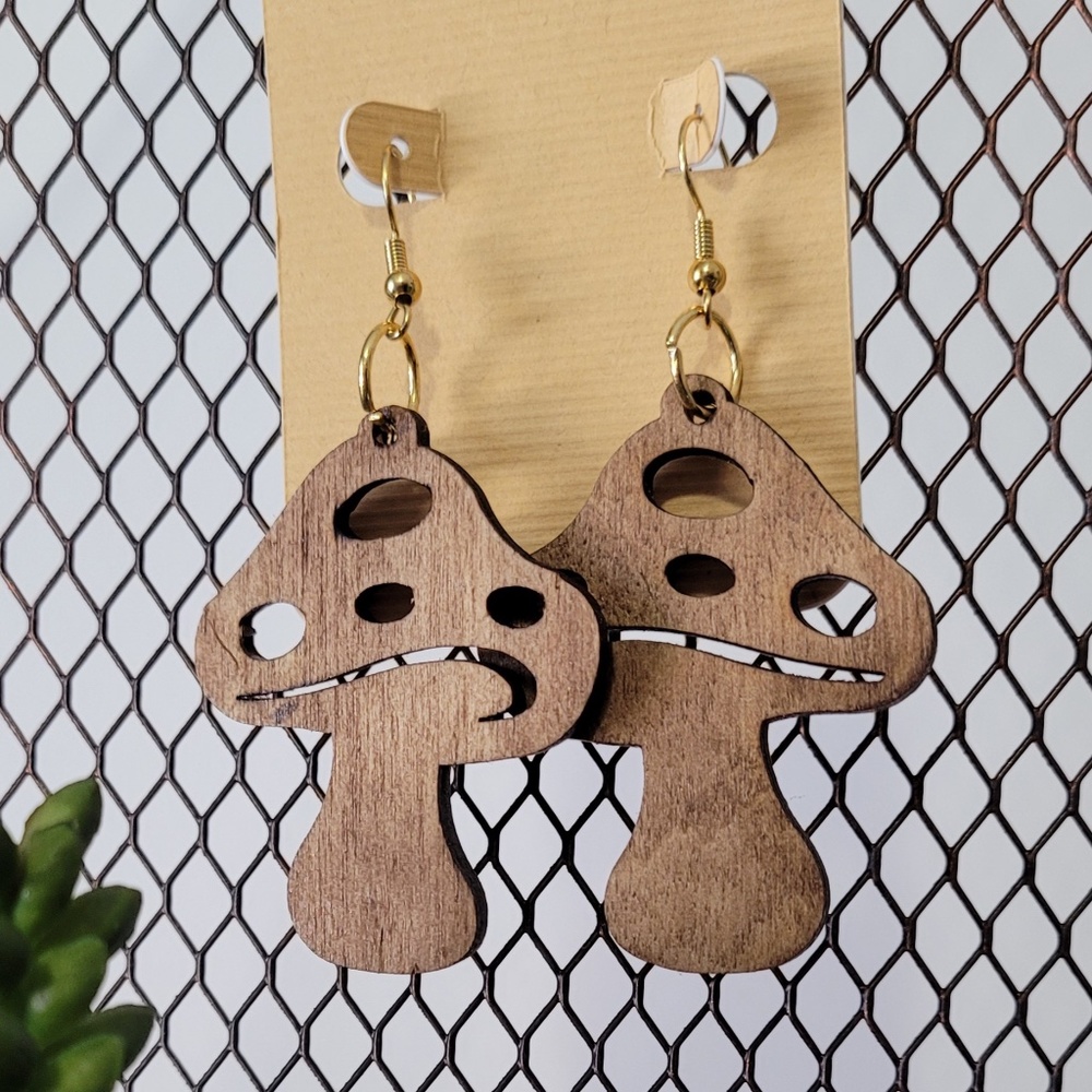 Wooden Mushroom Dangle Earrings